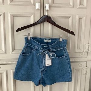 High waisted, tie-waist, raw hem jean shorts